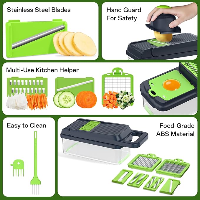 HomeHacks Vegetable Chopper Vegetable Cutter, 12 in 1 Kitchen Gadget, Dicer, Slicer, Onion Cutter, Salad, Cheese Grater & Egg Separator - Multi-Functional Veggie Chopper Lid with Handle (Green) - Image 5