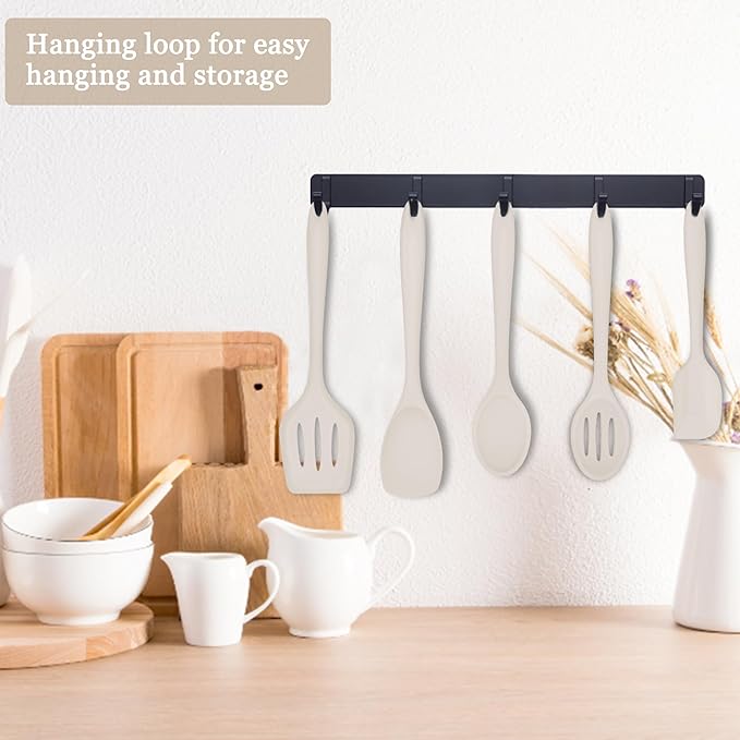 E-far 10 Pieces Silicone Cooking Utensils Set, Heat Resistant Kitchen Utensil Set for Nonstick Cookware, Kitchen Cooking Tools with Spatula, Spoon, Slotted Turner, Non-Toxic & Dishwasher Safe (Khaki) - Image 6