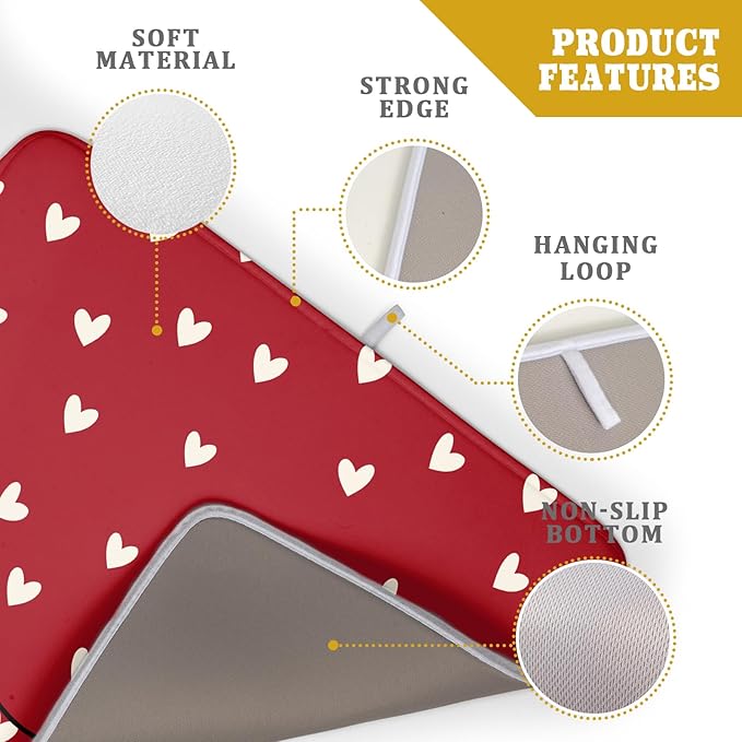 Giwawa Red Hearts Dish Drying Mat 18"x24", Valentines Day Symbol of Love Dish Drainer Mats, Romantic Reversible Dish Drying Rack Pad Protector for Kitchen Countertop Tabletop Large Decor