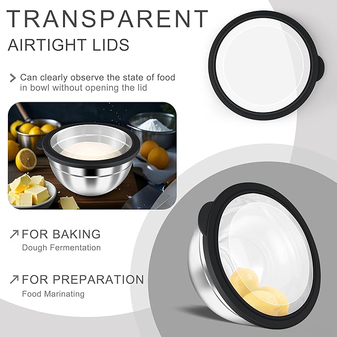 HaWare Mixing Bowls with Airtight Clear Lids, 6-Piece Stainless Steel Strong Nesting Bowls Set, Metal Salad Bowl for Cooking, Prepping, Baking, Serving & Food Storage, Size 4.6, 3, 1.5QT, Black - Image 3