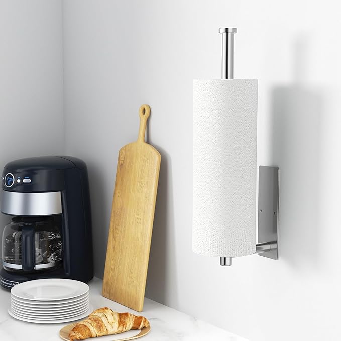 Paper Towel Holder - Self-Adhesive or Drilling, Brushed Nickel, Wall Mounted, SUS304 Stainless Steel Kitchen Roll Dispenser Under Cabinet - Image 2
