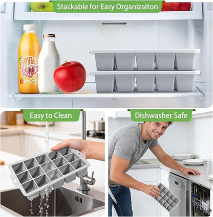 Silicone Ice Cube Tray with Locks Lids 4 Pack, Easy Release Flexible 15 Square Ice Trays for Freezer, Stackable & Reusable Ice Cube Mold for Whiskey, Cocktails, Baby Food, BPA Free