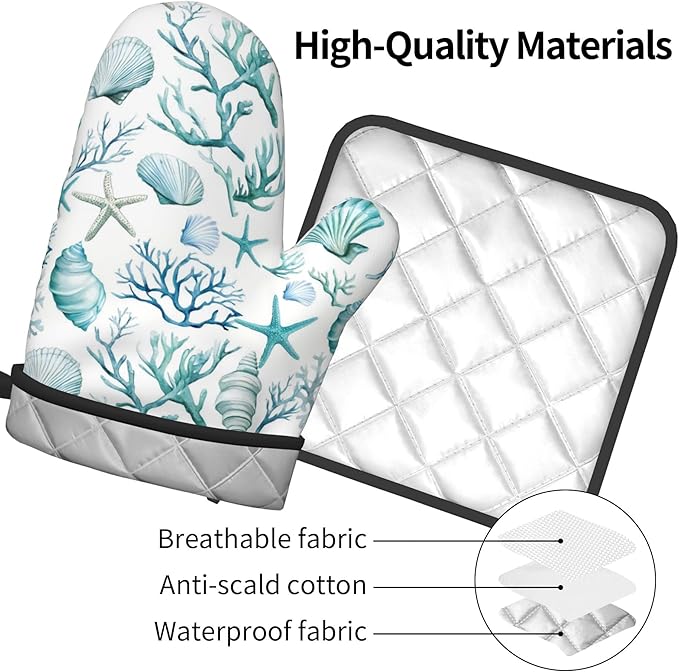 Nautical Oven Mitts and Pot Holders Sets Coastal Kitchen Mitts Potholders 2PCS Summer Starfish Seashell Coral Beach Oven Gloves Hot Pads for BBQ Grilling - Image 4