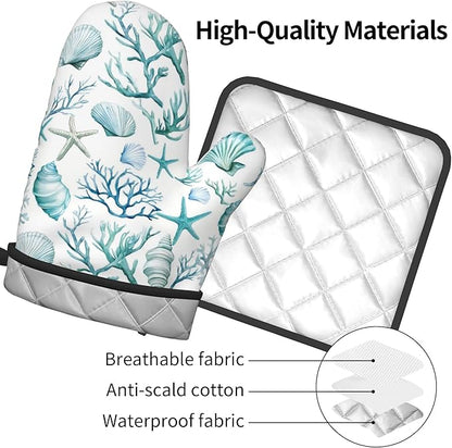 Nautical Oven Mitts and Pot Holders Sets Coastal Kitchen Mitts Potholders 2PCS Summer Starfish Seashell Coral Beach Oven Gloves Hot Pads for BBQ Grilling - Image 4