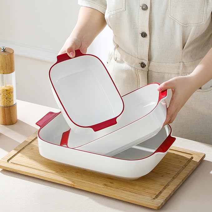 MALACASA Casserole Dishes for Oven, Ceramic Baking Dishes Set of 3, Rectangular Lasagna Pan Deep Baking Pans, Bakeware Sets with Handles Gift Set, White with Red Trim (13.8''/11.7''/9.4''), Series BAKE - Image 9