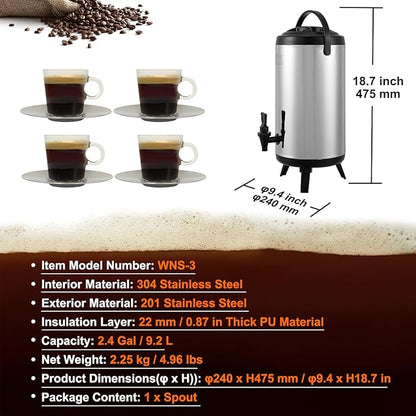 VEVOR Stainless Steel Insulated Beverage Dispenser, 2.4 Gallon 9.2 Liter, Thermal Hot and Cold Drink Server Dispenser with Spigot Handle, Food-grade for Hot Tea Coffee Water Restaurant Drink Shop - Image 7
