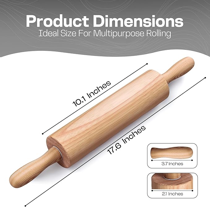 Wooden Rolling Pin 17.6 Inch with Rotating Ergonomic Handles – Classic Beech Wood Dough Roller for Baking Pizza, Pastry, Bread, and Cookies - Image 2