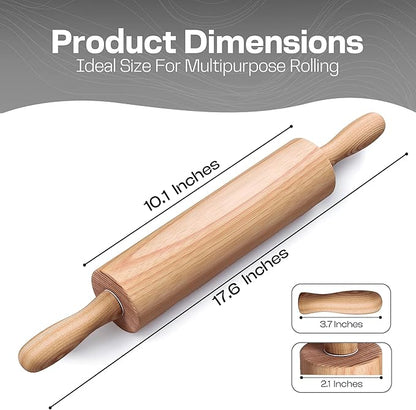 Wooden Rolling Pin 17.6 Inch with Rotating Ergonomic Handles – Classic Beech Wood Dough Roller for Baking Pizza, Pastry, Bread, and Cookies - Image 2