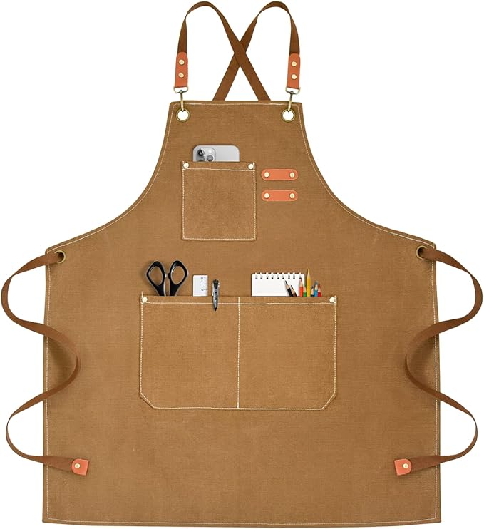 OUNLEN Chef Apron for Men Women Canvas Aprons with 3 Pockets Cross Back Resistant Work Apron for Cooking by OUNLENAPRON