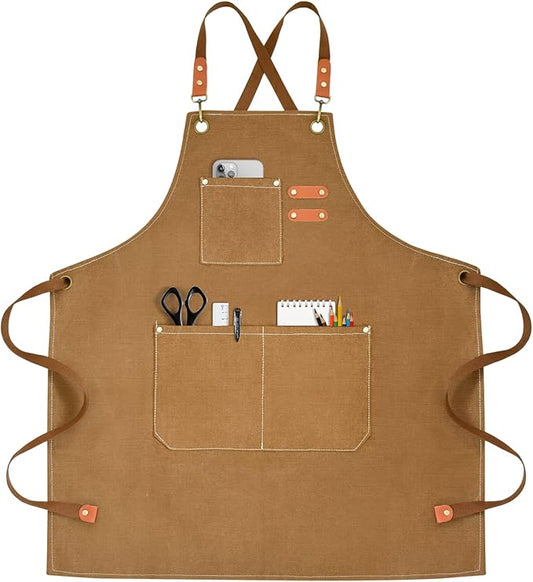 OUNLEN Chef Apron for Men Women Canvas Aprons with 3 Pockets Cross Back Resistant Work Apron for Cooking by OUNLENAPRON
