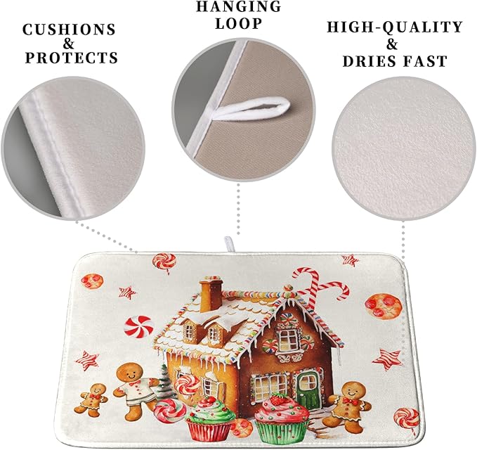Christmas Dish Drying Mat for Kitchen Counter 16x18 Gingerbread House Man Candy Canes Cookie Cake Drying Mat for Dishes Xmas Winter Holiday Microfiber Drying Pad Dish Drying Pad for Coffee Bar Sink - Image 3