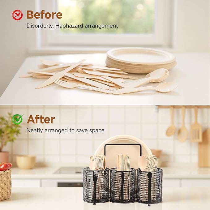 Metal Utensil Caddy Silverware Holder, Paper Plate Holder Cutlery Container,Plate Organizer Flatware Storage Basket Party Camping Picnic Buffet RV BBQ Farmhouse Kitchen Countertop - Image 5