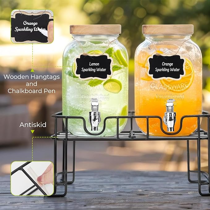 DHSBTLS 1 Gallon Glass Drink Dispensers, 2 Pack Clear Beverage Dispenser with Wood Lid for Party, BBQ and Picnic, Juice Dispenser with Black Stand, Spigot, Markers and Chalkboard