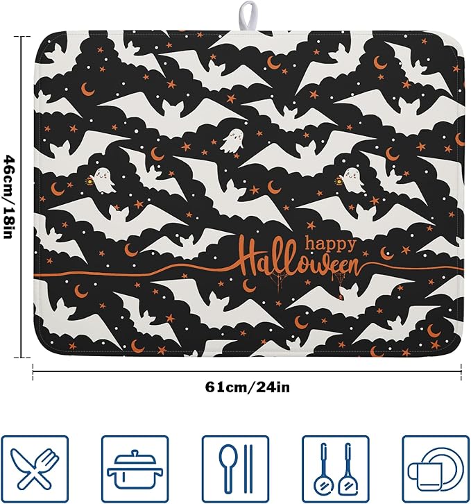 Halloween Drying Mats for Kitchen Counter 18”x24” Happy Halloween Spooky Bat Dishes Pad Microfiber Absorbent Fast Dry Dish Draining Mats Halloween Kitchen Decor Table Protector for Bar Countertop