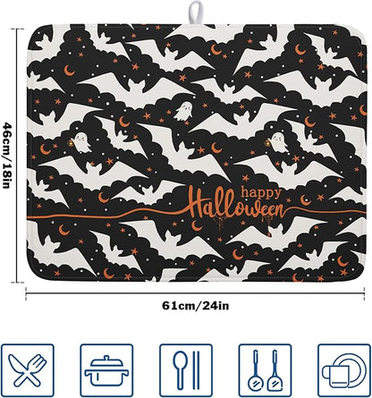 Halloween Drying Mats for Kitchen Counter 18”x24” Happy Halloween Spooky Bat Dishes Pad Microfiber Absorbent Fast Dry Dish Draining Mats Halloween Kitchen Decor Table Protector for Bar Countertop