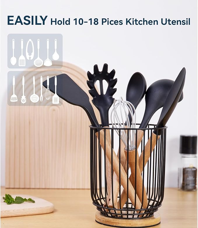 WDT Tool Utensil holder for Kitchen Counter，Large Utensils Holder For Farmhouse Cooking, Utensil Caddy Spatula Holder (Metal+Bamboo-1) - Image 4
