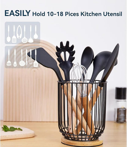 WDT Tool Utensil holder for Kitchen Counter，Large Utensils Holder For Farmhouse Cooking, Utensil Caddy Spatula Holder (Metal+Bamboo-1) - Image 4