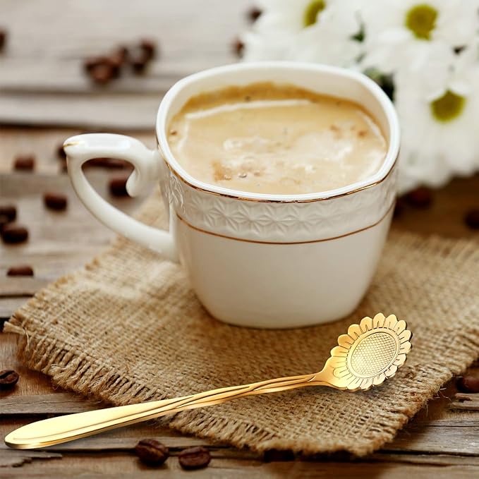 Chengu 8 Pieces Flower Coffee Tea Spoons Stainless Steel Sugar Spoons Tea Party Flower Fancy Tableware Set Stir Bar Creative Stirring Teaspoon, 8 Different Patterns(Gold) - Image 5