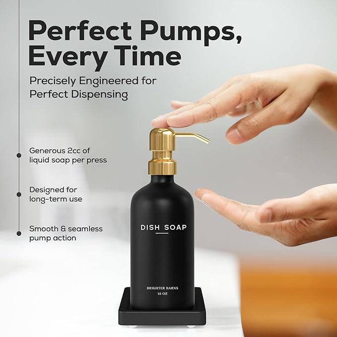 Luxury Glass Hand and Dish Soap Dispenser Set by Brighter Barns - Black and Gold Soap Dispenser Set for Kitchen Sink - Modern Kitchen Decor and Accessories for Restaurant, Airbnb, Gift (Black/Gold) - Image 4