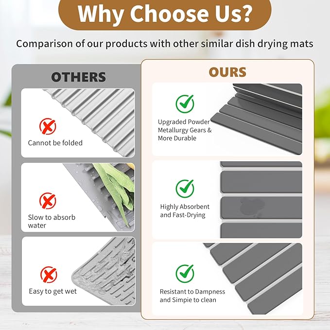 Stone Dish Drying Mats for Kitchen Counter,23.6''x15.3'' Foldable Quick Dry Stone Mat Kitchen,Eco-Friendly,Absorbent Diatomaceous Earth Mats for Dishes Bottles Cups Bathroom Any Countertop-Dark Gray - Image 4