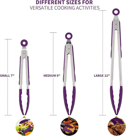 U-Taste Kitchen Tongs, 7/9/12 inches Cooking Tongs, with 600ºF High Heat-Resistant Non-Stick Silicone Tips, 18/8 Stainless Steel Handle, for Food Grill, Salad, BBQ, Frying, Serving, Pack of 3(Purple) - Image 2