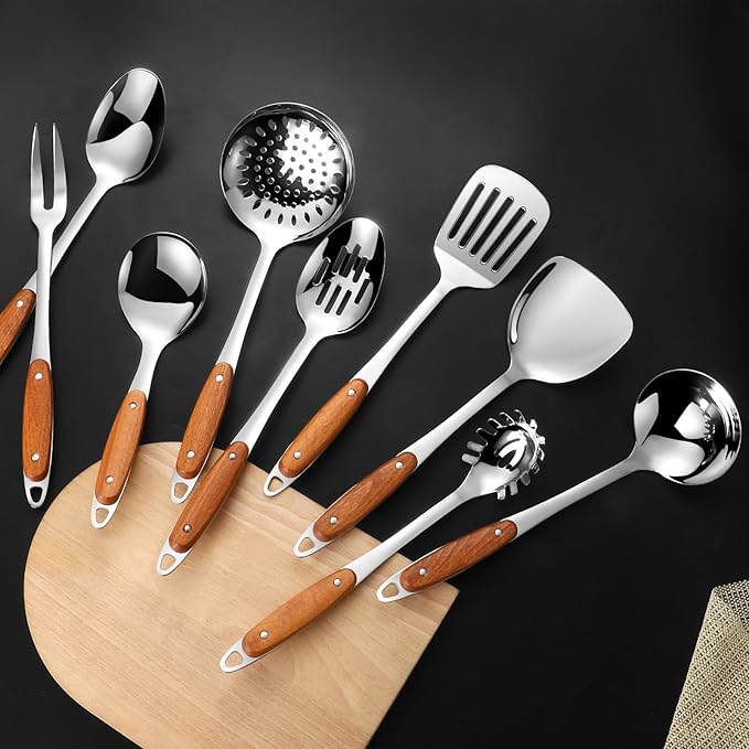 304 Stainless Steel Cooking Utensils Set,9PCS Metal Kitchen Utensils Set with Wooden Handle,Solid Spoon,Spatula,Ladle,Skimmer Spoon,Spaghetti Spoon,Dishwasher Safe - Image 3