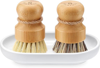 SUBEKYU Bamboo Dish Scrub Brushes, Bubble Up Bamboo Dish Brush Set with Brush Tray, Kitchen Wooden Cleaning Scrubbers Set for Washing Cast Iron Pan/Pot, Natural Sisal +Coconut Palbristles, Set of 2 by SUBEKYU