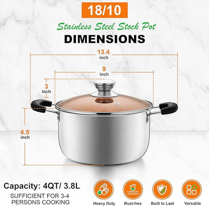 P&P CHEF 4 Qt Stockpot with Lid, Stainless Steel Cooking Stock Pot for Soup, Heat-Proof Double Handles with Visible Lid, Dishwasher Safe & Healthy, 1-Ply Metal