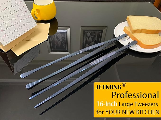 JETKONG 2 Pcs 16-Inch Heavy Duty Cooking Tweezers Extra Long Stainless Steel Kitchen Tweezers Large Plating Tongs (Navy Blue) - Image 4