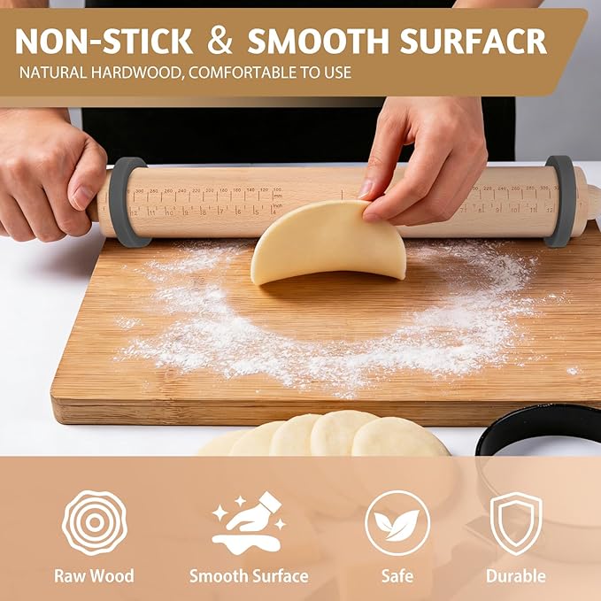 Long Adjustable Wood Rolling Pin: 21.1 Inch Rolling Pin with Thickness Rings and Measurement - Wooden Dough Roller for Baking Pastry Pizza Pie Crust Tortillas Cookie Bread - Bakers Baking Lovers - Image 4