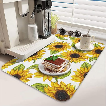 Dish Drying Mat for Kitchen Counter 2 Pack with Non-Slip Rubber Backing - Heat-Resistant Absorbent Coffee Bar Mat, Dish Rack Mat, Sunflower Dish Drying Mats 18x24+19.5x12 inch