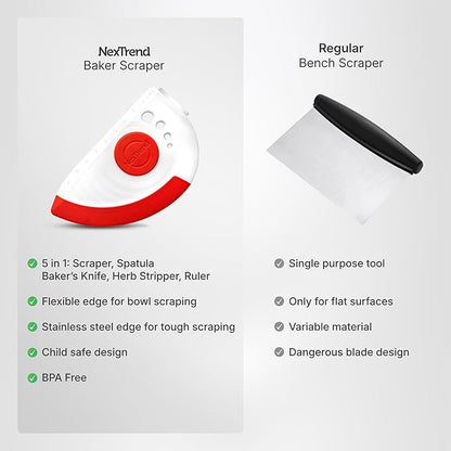 5-in-1 Dough Scraper & Flexible Bowl Scraper by Nextrend, Bread Scraper with Stainless Steel Edge, Ruler & Herb Stripper – BPA Free, Dishwasher Safe - Red - Image 5