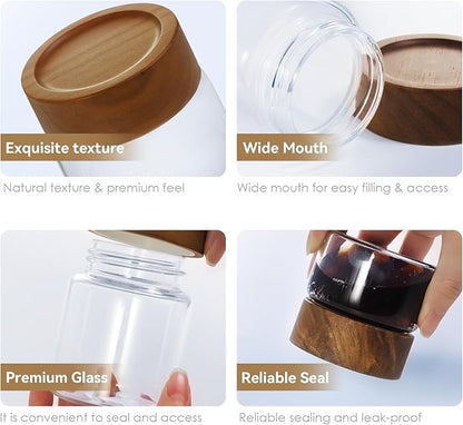 6-Pack 6 fl oz Stackable Airtight Glass Jars (with Acacia Wood Lids + Sticker Labels) – Small Mason Jars designed for overnight oats, spices, dry goods, and kitchen organization.