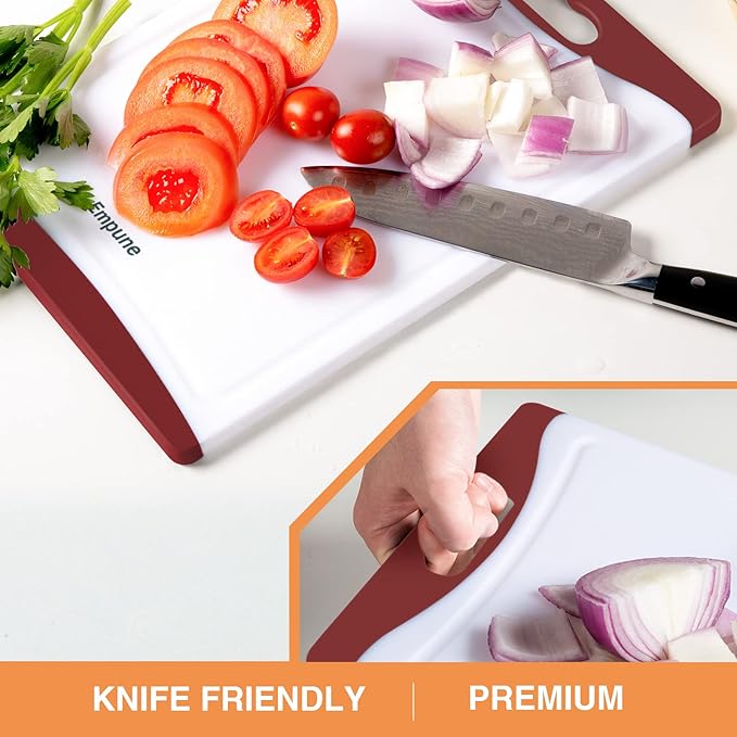 Empune Extra Large Cutting Boards, Plastic Cutting Boards for Kitchen (Set of 4) Cutting Board Set Dishwasher Safe Chopping Board with Juice Grooves Easy-Grip Handles, Red - Image 6