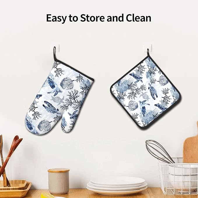 Navy Blue Ocean Sea Turtle Oven Mitts and Pot Holders Sets of 3, Heat Resistant Non-Slip Gift for Cooking Enthusiasts, Coastal Beach Nautical Coral Kitchen Gloves for Baking BBQ Cooking Grilling Decor - Image 5