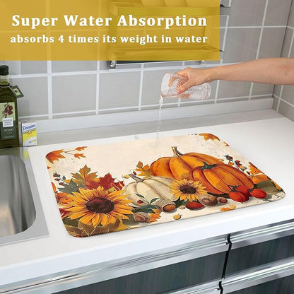 Happy Thanksgiving Day Harvest Dish Drying Mat for Kitchen Counter,Sunflower Maple Leaves Pumpkin Drying Mat 18 x 24 Inch with Absorbent Reversible Microfiber Dish Drying Pad for Coffee Bar - Image 7