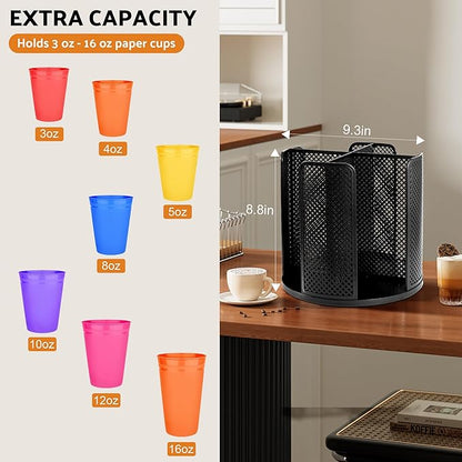 Rotating Paper Cup Dispenser, Cup Holder with 4 Compartments, Disposable Coffee Cup Dispenser Removable, Plastic Cup Storage & Lid Holder for Countertops, Kitchen, Coffee Stations (Black) - Image 2
