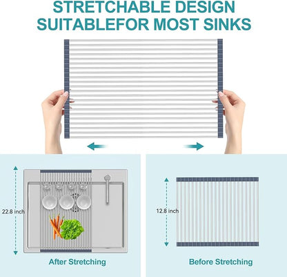 BBXTYLY Extra Large Expandable Roll Up Dish Drying Rack,Over The Sink Drying Rack Sink Cover Kitchen Sink Accessories Kitchen Rolling up Stainless Steel Drainer, Foldable,Rollable（Grey，25.1''-17.3''） - Image 6