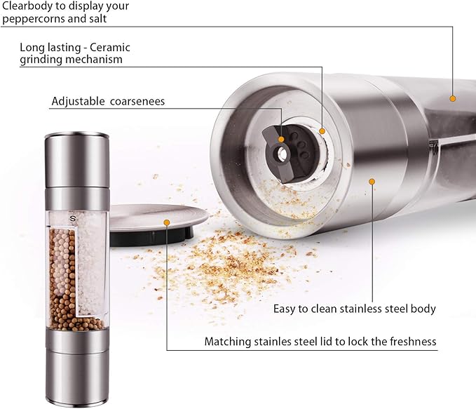 Mixoo Salt and Pepper Grinder - 2 in 1 Manual Stainless Steel Salt Pepper Mill Herb Spice Grinder Shakers Refillable with Adjustable Coarseness Ceramic Rotor and Dual Clear Acrylic Chamber - Image 2