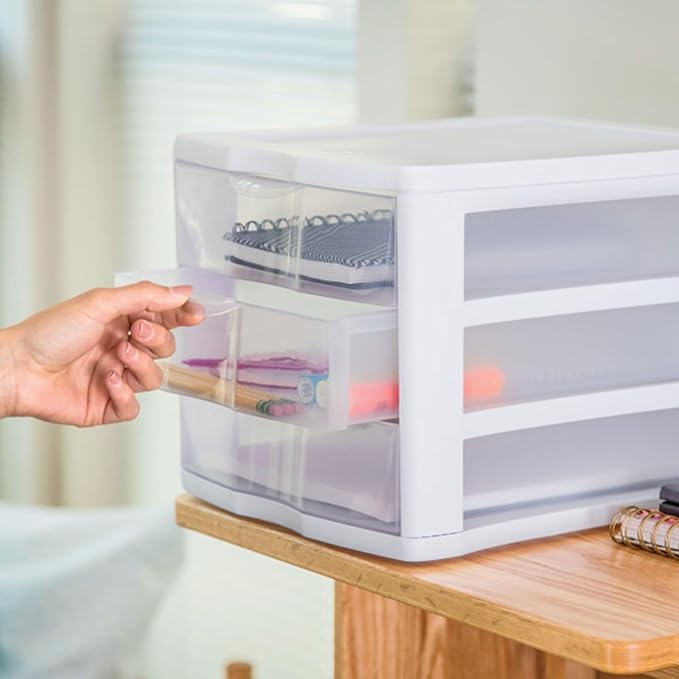 Sterilite ClearView Compact Stacking 3 Drawer Storage Organizer System for Crafting Supplies, Home Office, or Dorm Room, (16 Pack) - Image 7