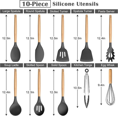 E-far Gray Silicone Cooking Utensils Set, 10-Piece Kitchen Utensils Set with Wooden Handle for Nonstick Cookware, Heat Resistant Kitchen Nonstick Tools Spatula Whisk Tongs Ladle, Non-toxic & Healthy - Image 2