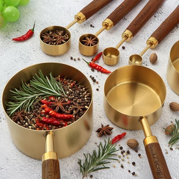 8Pcs Gold Measuring Cups and Spoons Set, Golden Stainless Steel Measuring Cups with Wooden Handle and 4 Measuring Spoons Set for Kitchen Baking Cooking - Image 7
