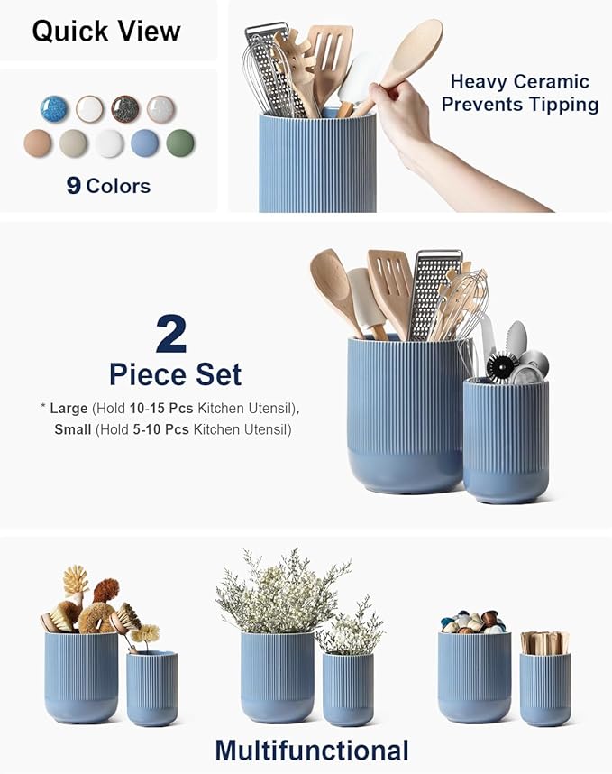 LE TAUCI Utensil Holder for Kitchen Counter, 7.3"+5.4" Fluted Ceramic Utensil Crock Organizer for Countertop, Heavy Large Holder for Spatulas, Spoons, Set of 2, Dusty Blue - Image 2