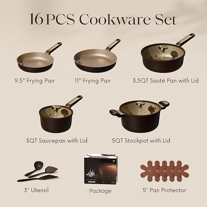 CAROTE Pots and Pans Set Nonstick, 16pcs Cookware Set Nonstick Non-Toxic & PFOA&PFOS-Free, Dishwasher, RV/Camping Cookware Set, Cooking Pots with Lids, Brown - Image 2
