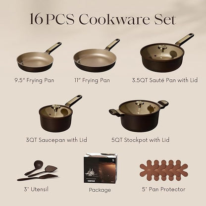 CAROTE Pots and Pans Set Nonstick, 16pcs Cookware Set Nonstick Non-Toxic & PFOA&PFOS-Free, Dishwasher, RV/Camping Cookware Set, Cooking Pots with Lids, Brown - Image 2