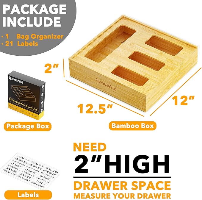 SpaceAid Bag Storage Organizer for Kitchen Drawer, Bamboo Organizer, Compatible with Gallon, Quart, Sandwich and Snack Variety Size Bag (1 Box 4 Slots, Natural, 2" High) - Image 3