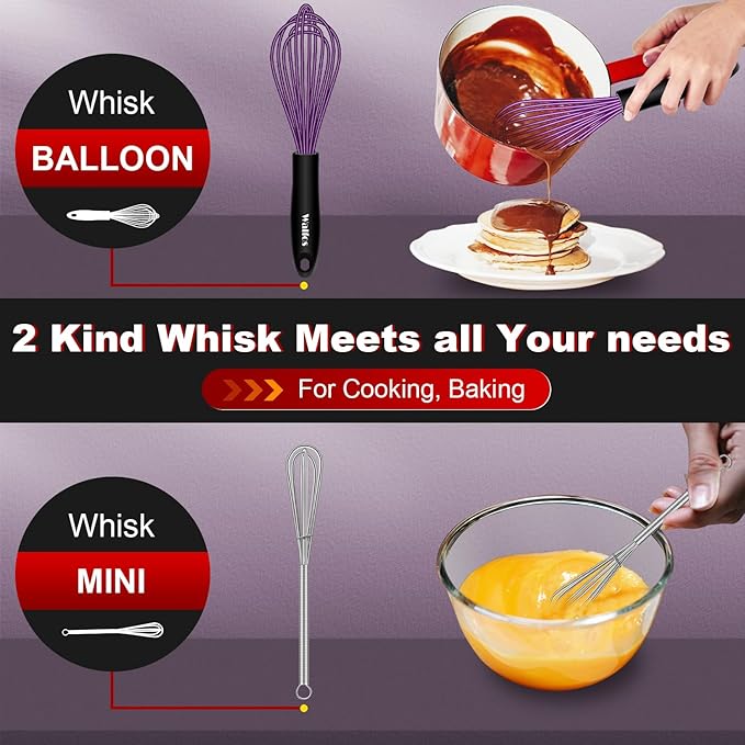 Walfos Whisk, Silicone Whisks Set of 5, Mini Stainless Steel Whisk 7+5in & Non Scratch Coated 7+9+11in Whisks, Suitable for Blending, Whisking, Beating, Frothing & Stirring. (Purple) - Image 6
