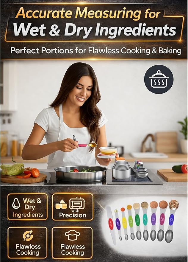 Magnetic Measuring Cups and Spoons Set304 Stainless Steel Dual Scale Set of 15, Strong N52 Magnetic Nesting Design with Leveler, for Dry&Liquid Ingredients, Dishwasher Safe(Colorful) - Image 7