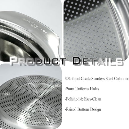 2 PCS Stainless Steel Colander, 3.5 QT 18/8 Stainless Steel Strainer, Colander for Kitchen Made of SUS304 Stainless Steel with Handle for Veggie Fruit Rice Pasta, Easy to Clean