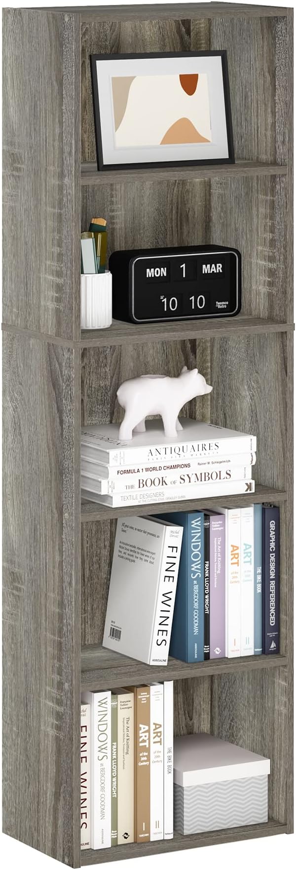 Furinno LUDER Book Shelf, 5-Tier Bookshelf, Bookcase with Open Shelves, 9.4 x 15.8 x 52, Easy Assembly, for Living Room, Bedroom, Home Office, French Oak by Furinno-FitsYourSpaceFitsYourBudget